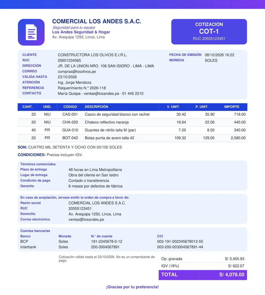 PDF de una cotización con términos y cuentas bancarias